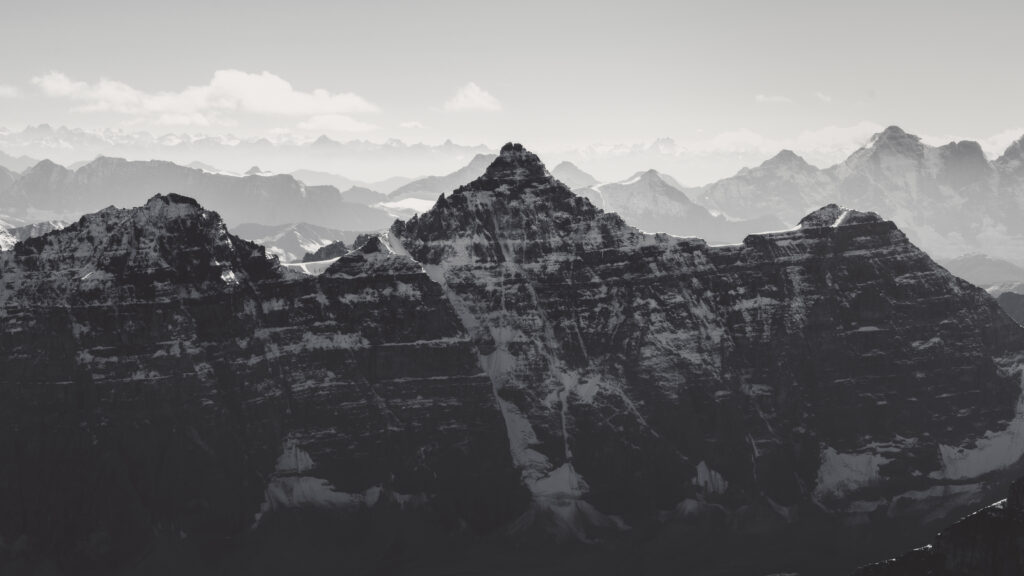 Beautiful moody mountains range view from Mt Temple, Banff, Rocky mountains, Canada